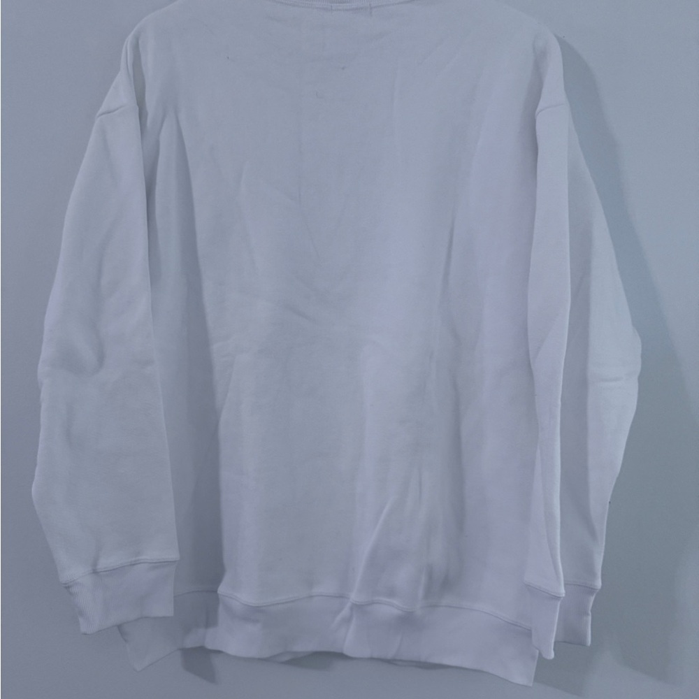 NWOT STAUD Crudités Slogan White Sweatshirt with Blue Print and Pin. - Picture 5 of 7